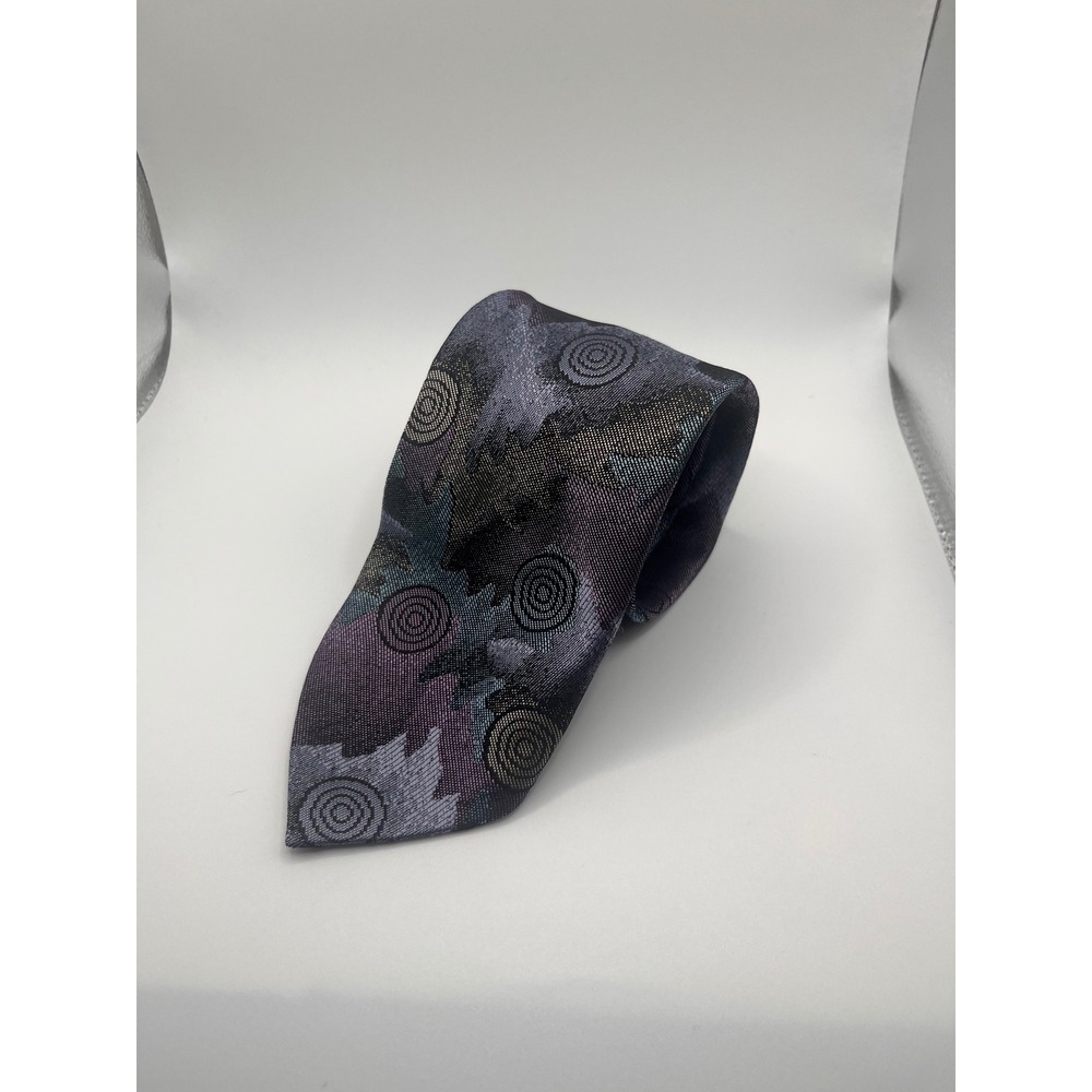 BBB NYC Mens Silk Blend Necktie Abstract Circles Pattern Purple Gray Metallic